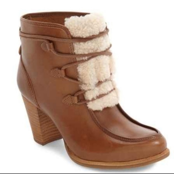 UGG Analise Camel Leather Exposed Fur Sheepwook Ankle Lace Up Heel Bootie Sz. 10 - Picture 1 of 13